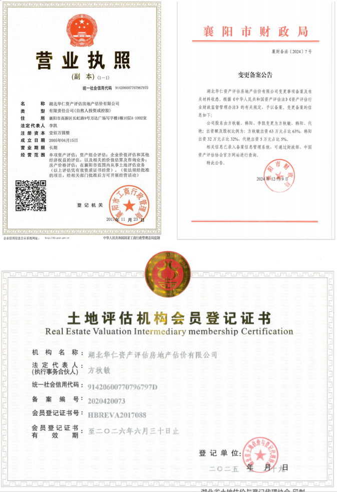 華仁資產評估房地產估價有限公司營業(yè)執(zhí)照、資產評估備案公告、土地評估機構登記證書